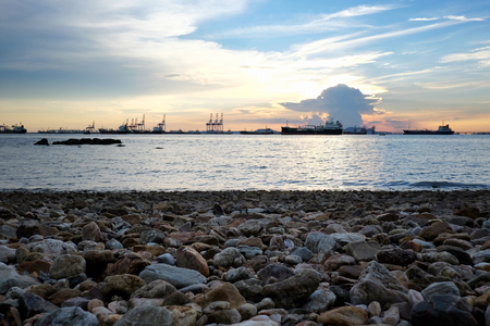 Deep sea port and cargo ship view and Coastal in Chonburi Province,Evening sea in Thailand.の写真素材