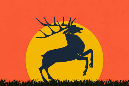 Moose made of art paper in silhouette style, Paper art of safari sunset.の写真素材