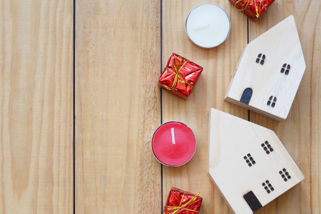 Christmas and new year decorations on wooden floor and have copy space for design in your work.の写真素材