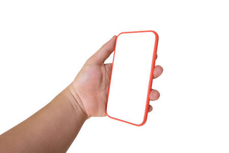 Hand of man hold a blank smartphone isolated on white background and have clipping paths for easy to...