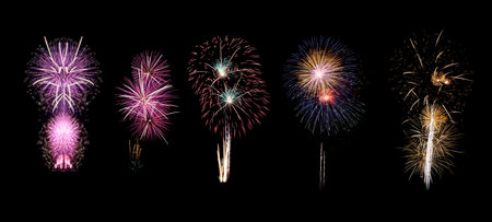 Variety of colors Mix Fireworks or firecracker Collections in the darkness background.の写真素材