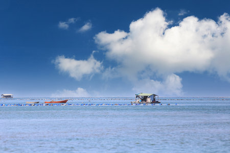 The home of a fisherman who raised oysters in the sea, Business farm of raising mussels and oysters in coastal areas in Thailand.の写真素材