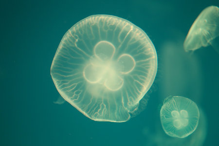 Small jellyfish or medusa of  bright green color from the lights of Blacklight lamp.