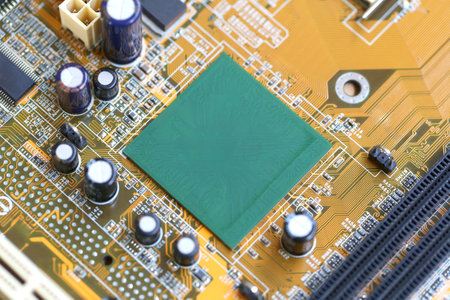 Blank CPU socket on mainboard background for design in your work computer concept.