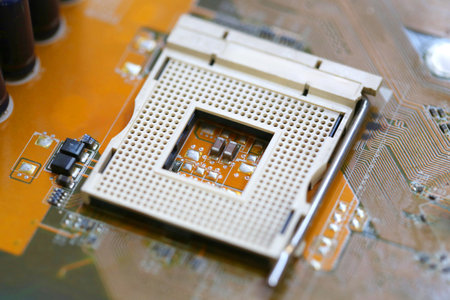 Blank CPU socket on mainboard background for design in your work computer concept.の写真素材