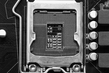 Blank CPU socket on mainboard background for design in your work computer concept.の写真素材