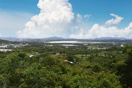 Green forest view and looking at Nong Kho Reservoir, located in Sriracha District, Chonburi Province, with a background of sky and white clouds, on a clear day.の写真素材