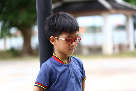 A young boy with glasses stands thoughtfully at a playground. His casual outfit and serene expression capture a moment of childhood innocence amidst nature.の写真素材