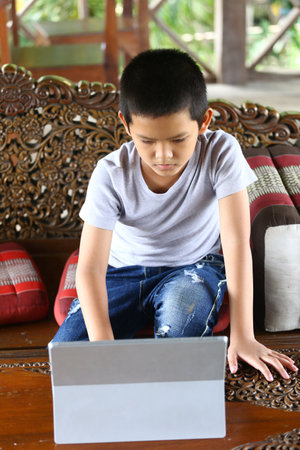 A young boy focuses intently on his laptop while sitting on a cozy sofa, showcasing a blend of...