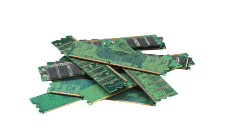 Green Circuit Boards with Memory Chips on Display  isolated on white background and have clipping...