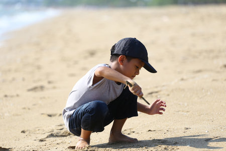 A young child joyfully explores the sandy beach, digging with eagerness and fascination. This moment captures the essence of childhood curiosity and playful adventure in nature.の写真素材
