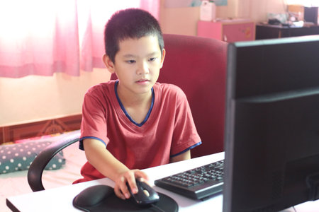 A young boy enjoys using a computer in a cozy home setting. He focuses on the screen, showcasing the...