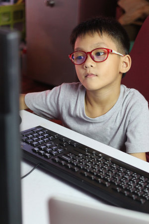 A young boy wearing glasses is focused on a computer screen while studying at home. This image...