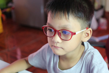 A young boy wearing stylish red glasses focused intently on a computer screen. His serious expression captures the essence of learning and curiosity in a home environment.の写真素材