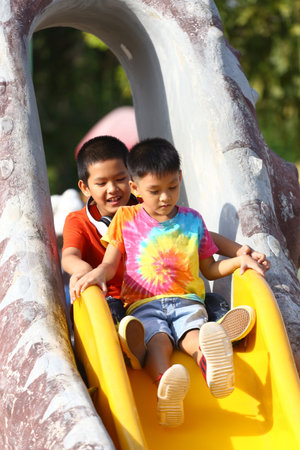 Two joyful children slide down a playground slide, embodying friendship and fun. The vibrant colors of their clothing add to the carefree summer ambiance.の写真素材