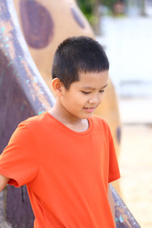A young boy in an orange shirt stands at a playground, showcasing a moment of joy and innocence. His expression reflects happiness and carefree childhood.の写真素材