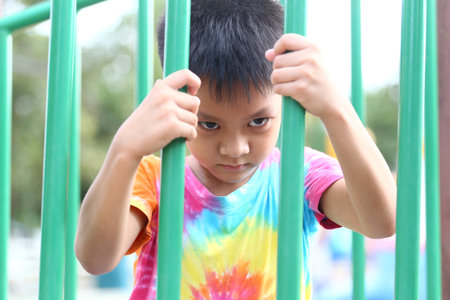 A young child stands in a playground, holding onto bars with a contemplative expression. The vibrant colors of the shirt contrast with the feelings of solitude and reflection during playtime.の写真素材