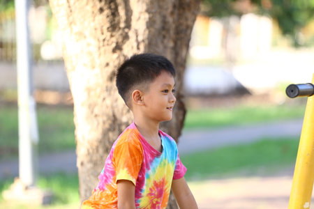A joyful boy enjoys his time outdoors at the playground, showcasing a vibrant tie-dye shirt while playing under the warm sun with a tree in the background.の写真素材
