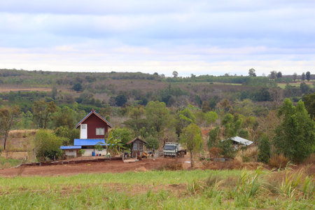 A picturesque rural landscape displaying a charming house nestled among vibrant greenery and scenic hills, offering a perfect escape into nature's serenity.の写真素材