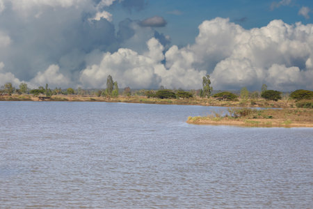 A serene lake scene featuring lush greenery and a backdrop of beautiful clouds, perfect for outdoor enthusiasts and nature lovers seeking tranquility and picturesque views.の写真素材