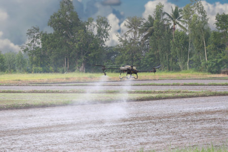 A drone effectively sprays pesticide over a farm field surrounded by lush green trees. This scene captures the integration of technology in modern agriculture for increased efficiency.の写真素材