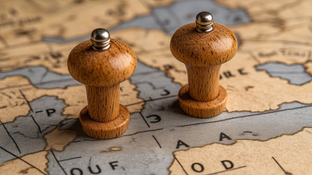 Wooden salt and pepper shakers on a vintage map of the worldの素材