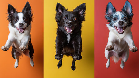 Three border collie dogs jumping on colorful background. Studio shot.の素材