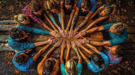Group of diverse friends forming a circle with their hands, top viewの素材