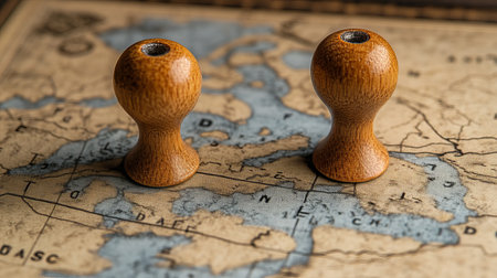 Wooden stamps on the world map. Vintage style, selective focusの素材