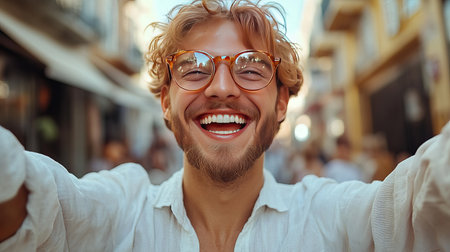 Cheerful young man in eyeglasses taking selfie on the streetの素材