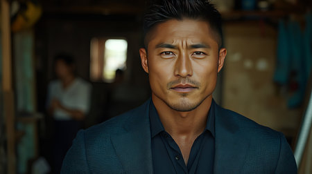 Portrait of a young Asian man in a dark blue suit.の素材
