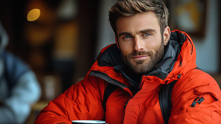 Handsome young man in red jacket with a cup of coffeeの素材