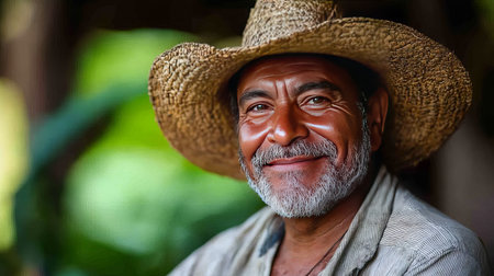 Portrait of an old man wearing a straw hat and smiling.の素材