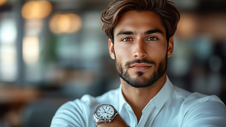 Portrait of handsome young businessman in office. Handsome bearded man looking at camera.の素材