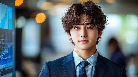 Portrait of a young, confident businessman in a modern office setting. He is wearing a suit and tie, and looking directly at the camera.の素材