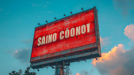 Image of a large, red billboard with text against a vibrant sky. The billboard shows signs of wear and tear, adding texture and visual interest. The image is perfect for projects related to advertising, urban environments, and communication.の素材