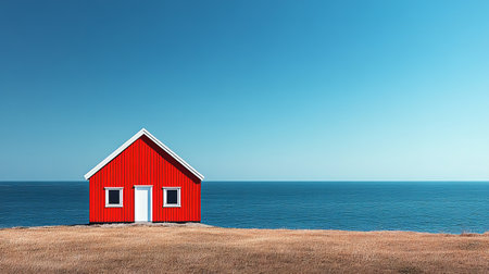 A picturesque red cottage stands alone on a grassy cliff overlooking a tranquil blue sea under a clear sky. Minimalist and serene.の素材