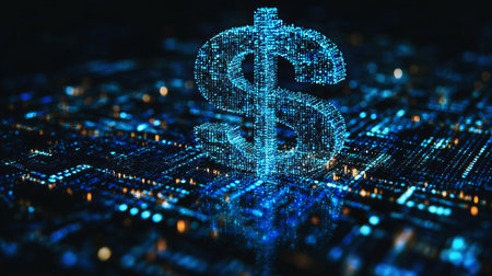 Abstract 3D rendering of a glowing blue dollar sign composed of particles.  Represents digital finance, cryptocurrency, or futuristic business concepts.の素材