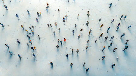 Aerial view illustration depicting a network of connected people, symbolizing global communication and interconnectedness.  Perfect for presentations or social media.の素材