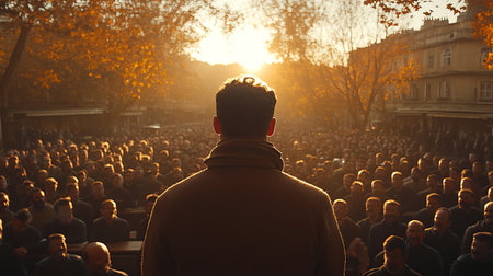 Silhouette of a man speaking to a large crowd at sunset.  Warm golden light illuminates the scene, creating a dramatic and powerful image. Perfect for themes of leadership, community, and public speaking.の素材