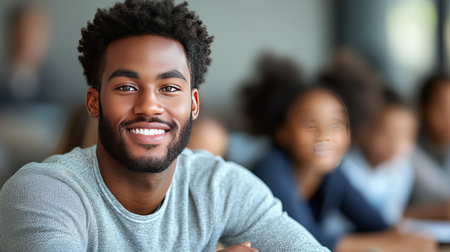 Close-up portrait of a happy young African American man with a genuine smile.  He's wearing a casual grey sweater. The background is softly blurred, focusing attention on the subject.の素材
