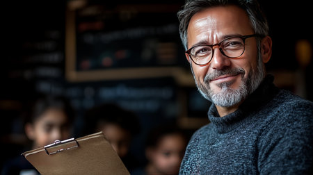 A portrait of a confident mature man with a beard and glasses holding a clipboard. He is smiling and looks happy. The image is perfect for business and corporate projects.の素材