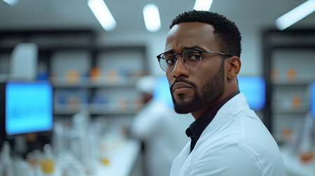 Portrait of a serious male scientist in a modern laboratory setting.  He is wearing a lab coat and glasses, and his expression is focused and determined.の素材