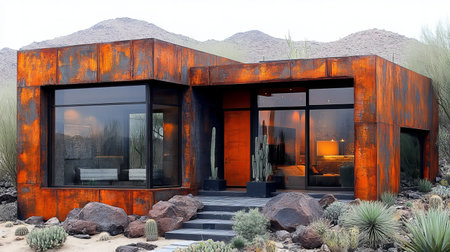 Stunning modern desert home showcasing a unique rust-colored Corten steel exterior. The contemporary design features expansive windows, highlighting the surrounding mountain and desert landscape.  Perfect for architectural, real estate, or design publications.の素材
