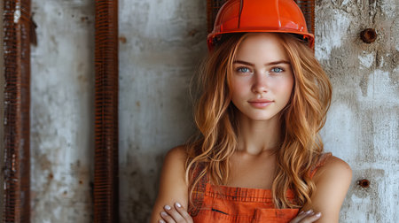 Portrait of a young, attractive female construction worker wearing an orange hard hat and overalls.  She stands confidently against a rustic industrial background.の素材