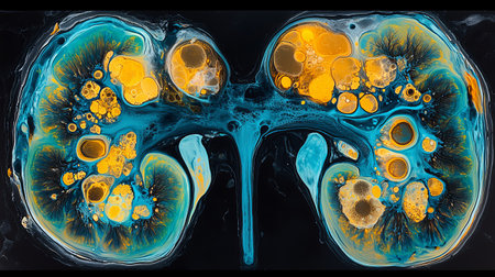 A stunning abstract artistic rendition of human kidneys.  Bold teal and golden yellow hues create a vibrant, detailed medical illustration ideal for educational or artistic projects.の素材
