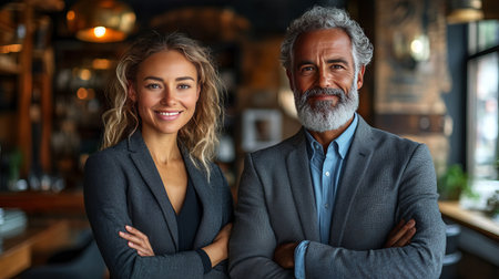 Portrait of a diverse and successful business team. A confident man and woman in professional attire stand with their arms crossed, conveying success and teamwork.の素材