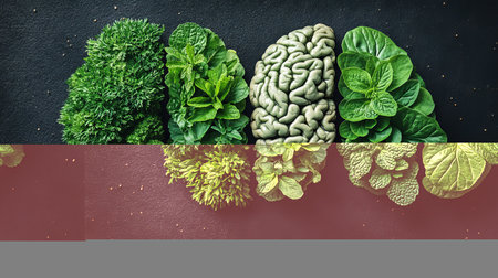A captivating flat lay showcasing a human brain model surrounded by vibrant green herbs and leafy vegetables, symbolizing brain health and cognitive wellness through healthy eating.の素材