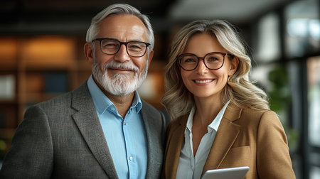 Portrait of a successful business team, a man and a woman, smiling confidently. They represent teamwork, partnership, and achievement in the corporate world.の素材