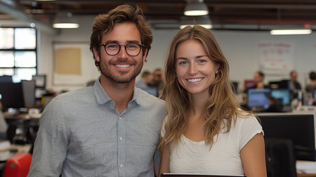 Portrait of two smiling young business colleagues in a modern office setting.  They represent teamwork, success, and collaboration.の素材